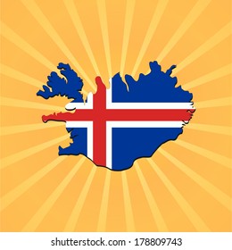 Iceland map flag on sunburst vector illustration