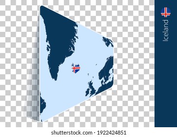 Iceland map and flag on transparent background. Highlighted Iceland on blue vector map.