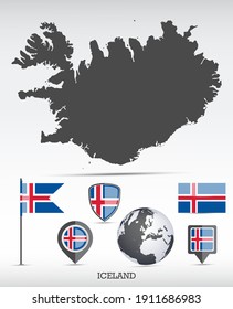 Iceland map and flag set. Detailed country shape with region borders and flag icons.