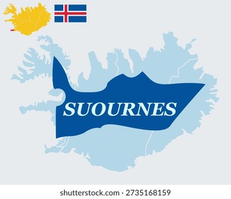 Iceland Map and Flag - Suðurnes (Southern Peninsula), Reykjanesbær Capital and Blue Lagoon Region Vector Outline
