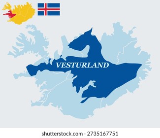 Iceland Map and Flag - West Region (Vesturland), Borgarfjörður and Snæfellsnes Peninsula Vector Outline

