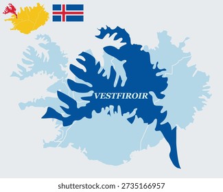 Iceland Map and Flag - Westfjords Region (Vestfirðir), Northwestern Peninsula and Ísafjörður Vector Outline
