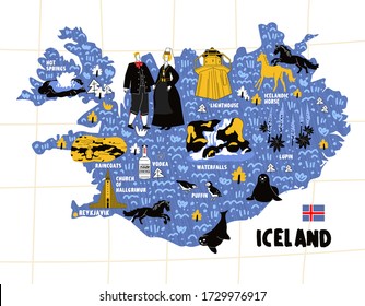 Iceland map flat hand drawn vector illustration flag. Names lettering and cartoon landmarks, tourist attractions cliparts. Reykjavik travel, trip comic infographic poster, banner concept design