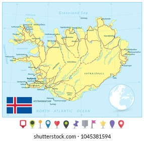Iceland Map and Flat Map Pointers. Vector illustration.