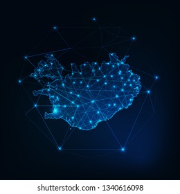 Iceland map glowing silhouette outline made of stars lines dots triangles, low polygonal shapes. Communication, internet technologies concept. Wireframe futuristic design. Vector illustration