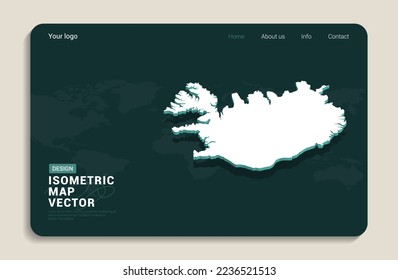 Iceland map green background with isometric vector. Web banner layout template.