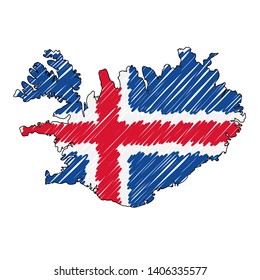 Iceland map hand drawn sketch. Vector concept illustration flag, childrens drawing, scribble map. Country map for infographic, brochures and presentations isolated on white background. Vector