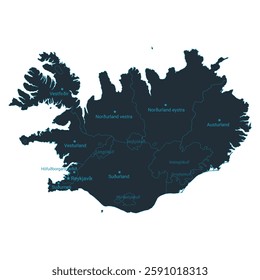 Iceland map high detailed with administrative divide by state, capital cities names, outline simplicity style. Vector illustration EPS10.