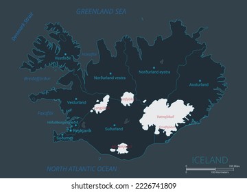 Mapa de Islandia. Mapa detallado de Islandia con países, fronteras, ciudades, objetos acuáticos. Ilustración vectorial eps10.