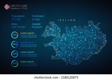 Planilla vectorial de infografía de Islandia con concepto de malla geométrica abstracta de luz poligonal sobre fondo azul. Plantilla para diagrama, gráfico, presentación y gráfico.