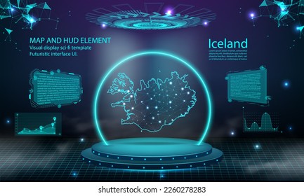 iceland map light connecting effect background. abstract digital technology UI, GUI, futuristic HUD Virtual Interface with iceland map. Stage futuristic podium in fog.