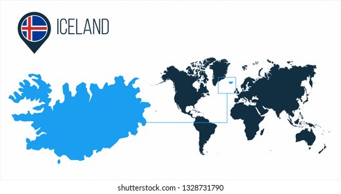 Iceland map located on a world map with flag and map pointer or pin. Infographic map. Vector illustration isolated on white background.
