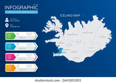 Iceland map with location pointer marks. High detailed country map with division, cities and capital infographic template. Vector illustration EPS10