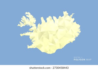 Mapa de Islandia en estilo de Vector de polígono de polietileno bajo, ilustración de forma geométrica con tonos amarillos suaves sobre fondo azul, silueta limpia para infografía.