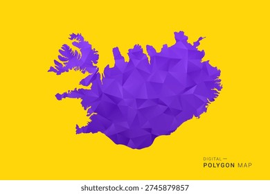 Iceland Map - Low poly polygon map in vibrant purple gradient on bold yellow background, modern minimal geometric style, clean digital vector illustration.