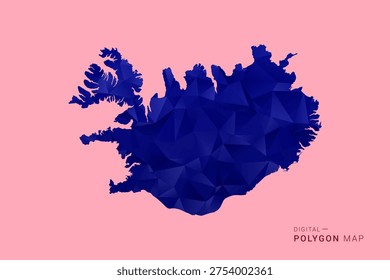 Iceland Map - Low poly polygon map in deep blue gradient on soft pink pastel background, modern minimal geometric design, clean digital vector illustration.