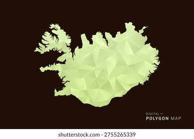Iceland Map - Low poly polygon map in soft light green gradient on dark brown background, modern minimal geometric style, clean abstract vector illustration design.