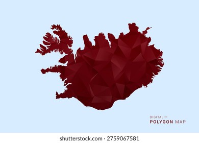 Iceland Map - Low poly polygon map in deep red gradient on light blue background, modern minimal geometric design, vector illustration with faceted triangulated style.