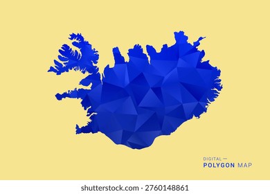 Iceland Map - Low poly polygon map in deep blue gradient on soft beige background, modern minimal geometric design, clean abstract vector illustration with faceted triangulated style.