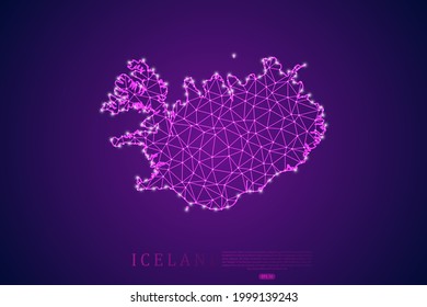 Iceland Map mash line and point scales on purple technology background. Wire Frame 3D mesh polygonal network line, design sphere, dot and structure -  Vector illustration eps 10