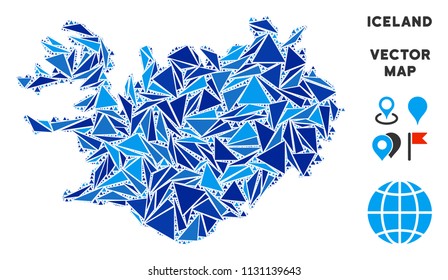 Iceland map mosaic of blue triangle elements in different sizes and shapes. Vector polygons are combined into geographic Iceland map mosaic. Geometric abstract vector illustration in blue color tones.