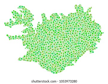 Iceland Map mosaic of dots in various sizes and eco green color tints. Circle elements are composed into iceland map vector collage. Ecological vector design concept.