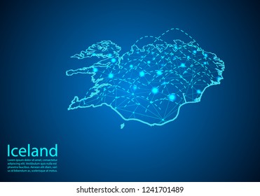 iceland map with nodes linked by lines. concept of global communication and business. Dark iceland map created from white dots with travel locations or internet connection.
