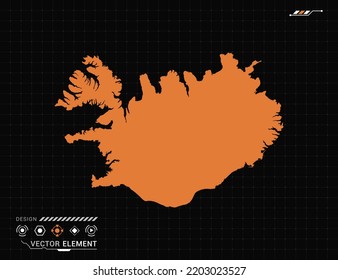 Iceland map of orange digital frame HUD, GUI, UI interface technology radar vector.