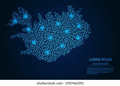 Iceland map from point blue and glowing stars on a dark background. Vector eps 10.