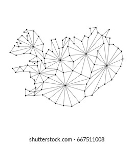 Iceland map of polygonal mosaic lines network, rays and dots vector illustration.