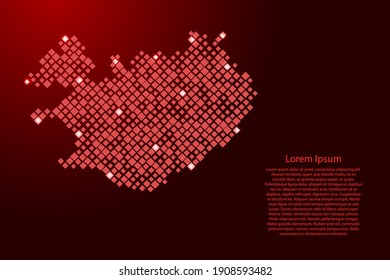 Iceland map from red pattern rhombuses of different sizes and glowing space stars grid. Vector illustration.