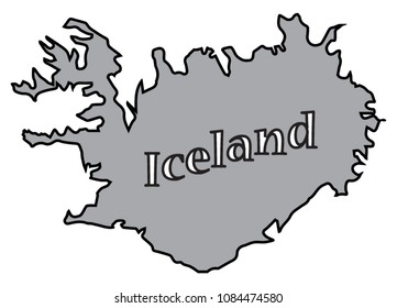 An Iceland map with text and a shadow isolated on a white background