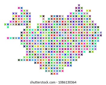 Iceland map. Vector abstraction of geographic scheme. Regular pattern is combined with x-cross items in different colors. Abstract pixelated Iceland map designed for political and economical purposes.