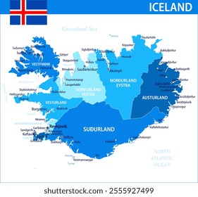 Iceland Map Vector Blue Spot - Customizable layered political map of Iceland with administrative divisions for website, education, reports, news, politics, print, poster and wallpaper