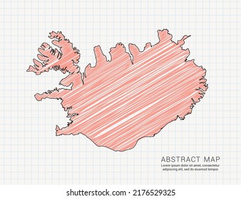 Iceland map of vector color silhouette chaotic hand drawn scribble sketch on grid paper.