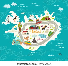 Iceland map vector illustration. Iceland landmarks, road, nature, people and animals