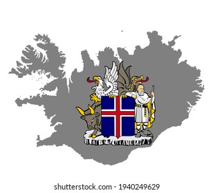 Iceland map vector silhouette and coat of arms of Iceland, national symbol.