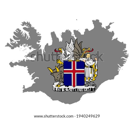 Iceland map vector silhouette and coat of arms of Iceland, national symbol.