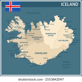 Iceland Map Vector Vintage Dark Blue Beige- Customizable layered political map of Iceland with administrative divisions for website, education, reports, news, politics, print, poster and wallpaper