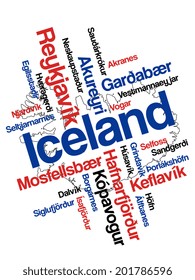 Iceland map and words cloud with larger cities