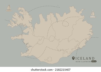 Iceland Map - World Map International vector template High detailed with brown color isolated on grey background including simple point of location, wind, boat icon - Vector illustration eps 10