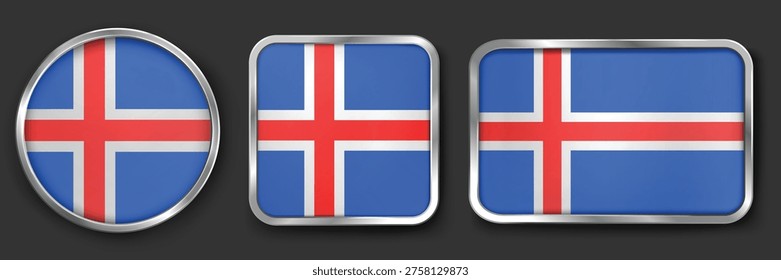 ICELAND Metallic Flag Collection, Circular, Square and Rectangular ICELAND Flag Badges Set