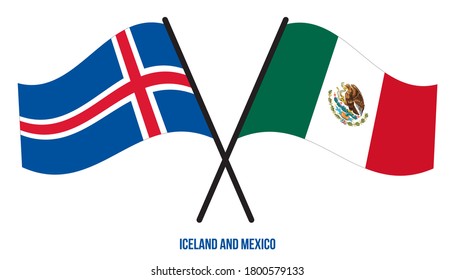 Iceland and Mexico Flags Crossed And Waving Flat Style. Official Proportion. Correct Colors.