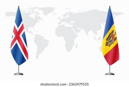 Iceland and Moldova flags for official meeting against background of world map.