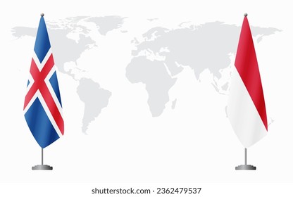 Iceland and Monaco flags for official meeting against background of world map.