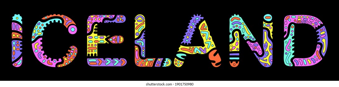 Iceland. Multicolored bright isolate inscription. Colored curves decorative doodle letters. Iceland for print, clothing, t-shirt, souvenir, booklet, banner, flyer, ads. Stock vector picture.