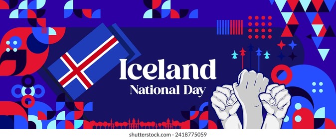 Iceland National Day banner in colorful modern geometric style. Happy independence and national day greeting card cover with typography. Vector illustration for national holiday celebration party