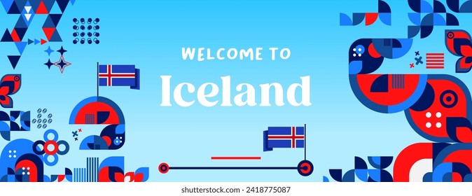 Iceland National Day banner in colorful modern geometric style. Happy independence and national day greeting card cover with typography. Vector illustration for national holiday celebration party