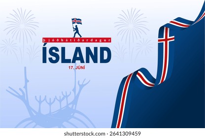 Iceland National Day Celebration Banner with Flag, Fireworks, and Sun Voyager Silhouette – June 17 Independence Holiday Design