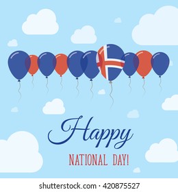 Iceland National Day Flat Patriotic Poster. Row of Balloons in Colors of the Icelander flag. Happy National Day Iceland Card with Flags, Balloons, Clouds and Sky.